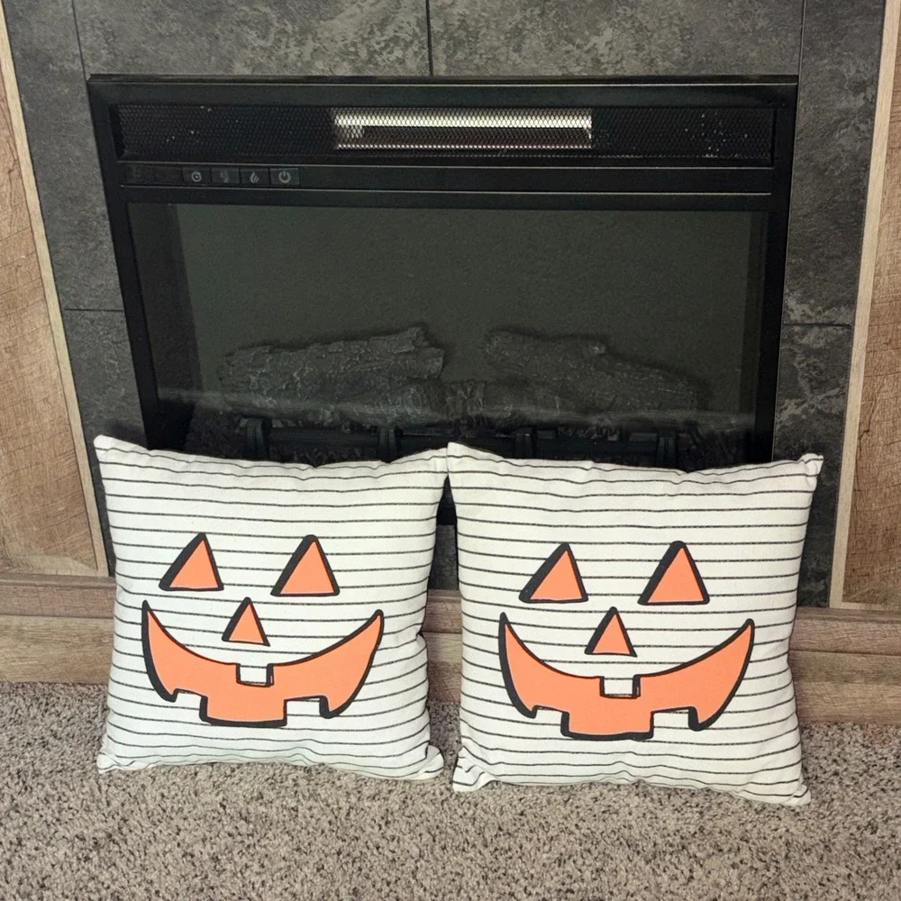 Halloween Jack-O-Lantern Striped Throw Pillows Set of 2 Black White Orange 12x12